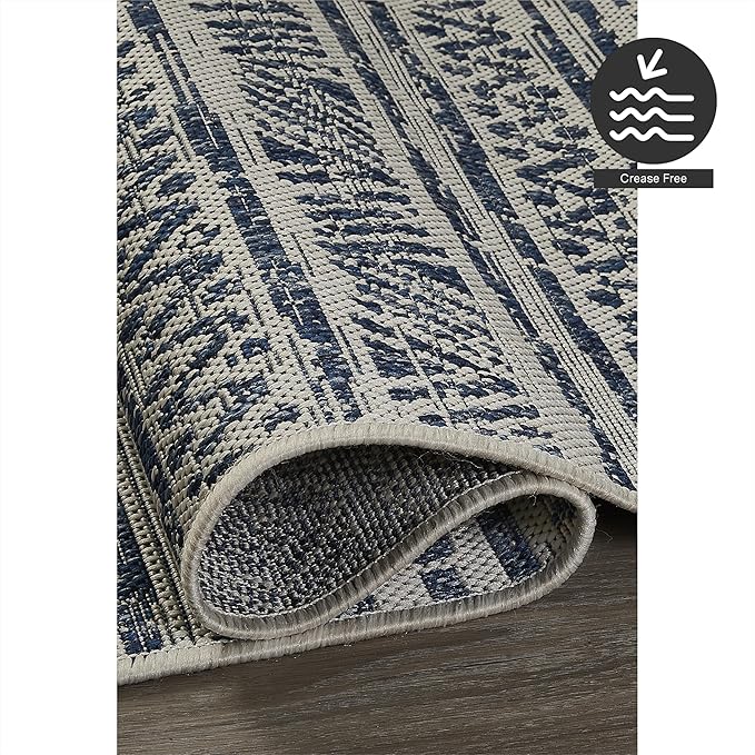 FH Home Flat Woven Outdoor Rug - Waterproof, Easy to Clean, Stain Resistant - Premium Polypropylene Yarn - Striped Boho - Patio, Porch, Deck, Balcony - Amman - Blue - 5ft 2in x 7ft 6in