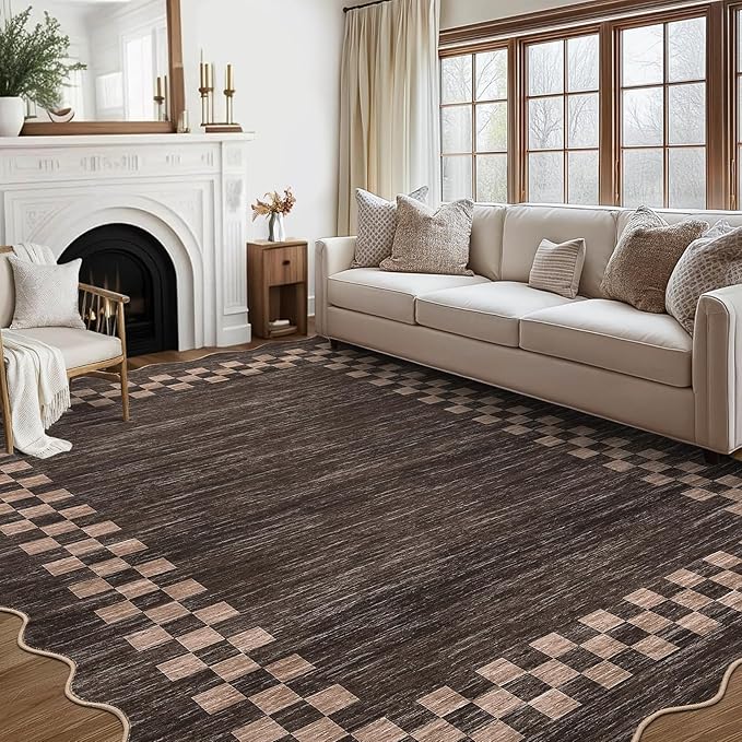 GarveeHome Area Rug 6x9 Large Living Room Modern Border Throw Rug with Rubber Backing Stain Resistant Dining Room Throw Carpet Washable Scalloped Rug for Bedroom Home Decor Office, Brown
