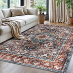 KOZYFLY Boho Area Rug 5x7 Ft Thin Rugs for Living Room Washable Bedroom Rug Non Slip Rugs Printed Faux Wool Vintage Bedroom Rug Floor Carpet for Dining Room Living Room, Brick Red/Orange/Green