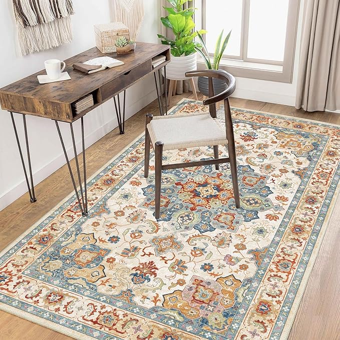 Enkor Area Soft Rugs 4x6 Washable Non Slip Boho Floor Rugs for Living Room Bedroom, Vintage Style Farmhouse Mat for Kitchen Entryway Orange & Beige