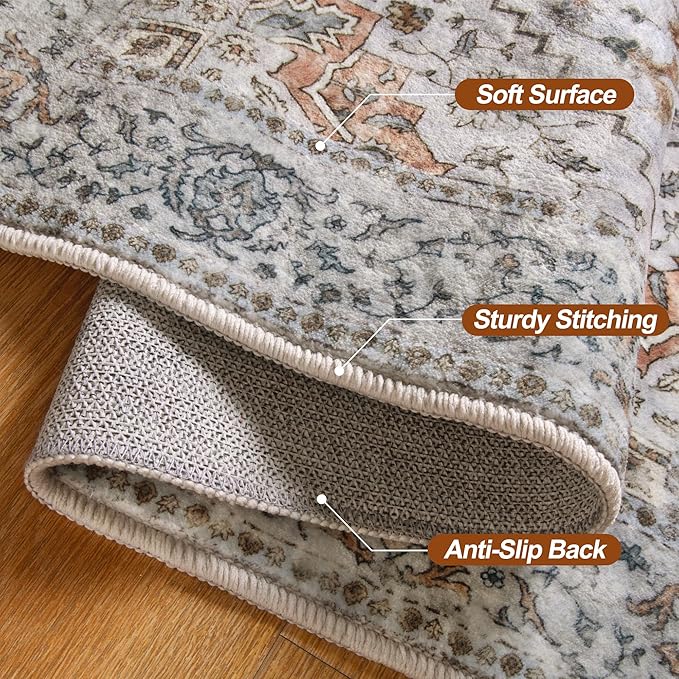 Tangsoo 2.6x8 Washable Runner Rug for Hallways, Non Slip Vintage Runner Rugs, Soft Low Pile Long Rugs Print Distressed Grey Carpet Runners for Kitchen Bedroom Entryway Bathroom Living Room