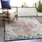 Livabliss Area Rugs - 7ft Round Odelia Vintage Boho Aqua Burgandy Blue Round Area Rug for Living Room Bedroom - Floral Medallion Stain Resistant Carpet for Kitchen, Nursery, Office (6'7" Round)