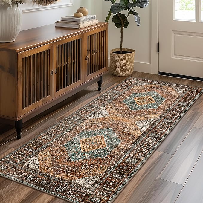 Bavni Runner Rug 2x7 Kitchen Rugs for Hallways Entryway, Washable Print Carpet, Low Pile Lightweight Rug with Non Slip Backing, Vintage Brown/Blue