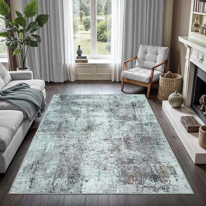GLN Rugs Contemporary Collection - Machine Washable Area Rug, Contemporary Washable, Non Slip, Low Pile Chenille Rug, Living Room, Bedroom, Kitchen Rug (6' x 9' Grey/Green)