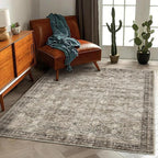 Washable Area Rug 4'x6' Vintage Traditional Floor Cover Foldable Thin Rugs Retro Kitchen Indoor Distressed Non Slip Carpet Floral Print Mat Bedroom Living Room