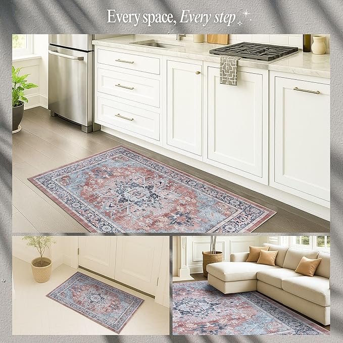 Fame Rugs Turkish Rug. Washable Vintage Oriental Antique Inspired Traditional Doormat Small Modern Area Rugs Luxury Entryway Entry Bedroom Bathroom Kitchen (401TB, 2'5 x 6'9)