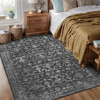 Washable Area Rug 6x9 Black Rugs for Living Room, Vintage Boho Large Rug for Bedroom Dining Room Office, Distressed Floral Print Carpet for Under Table, Soft Non Slip Low Pile Throw Carpet Indoor Mat