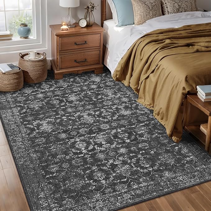 Washable Area Rug 6x9 Black Rugs for Living Room, Vintage Boho Large Rug for Bedroom Dining Room Office, Distressed Floral Print Carpet for Under Table, Soft Non Slip Low Pile Throw Carpet Indoor Mat