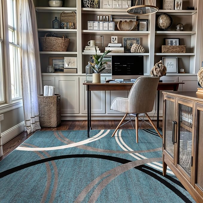 Rugshop Modern Wavy Circles Design Area Rug, Fade-Resistant Carpet for Living Room, Bedroom, or Office, Blue, 6'6" x 9'