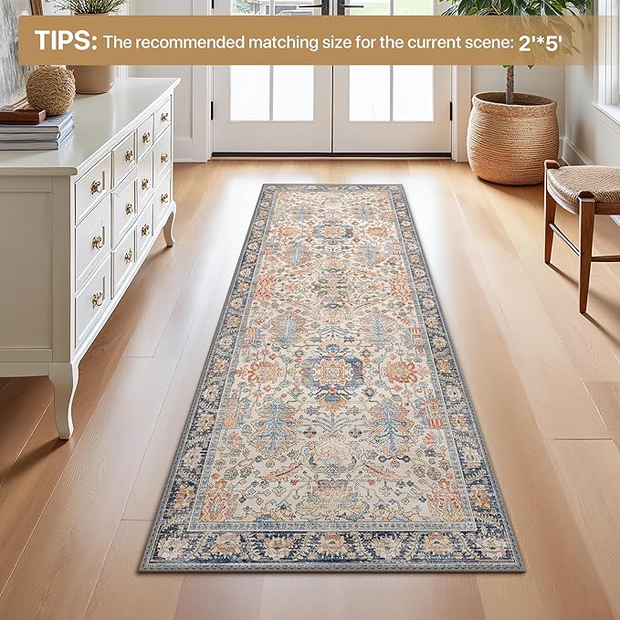Bavni Runner Rug, Machine Washable Rugs for Bedroom 2x10, Non Slip Boho Rugs with Rubber Backing, Ultra-Thin Folable Rug Runner for Hallways Bathroom, Teal/Multi
