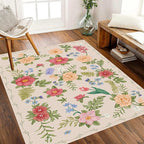 Rustic Flower Area Rug, 5x7ft, Classic Colorful Bohemian Floral Pattern with Beige Large Hall Botanical Rug, Non Slip No Crease Easy Care Girls Room Decor Carpet for Relax Room Bedroom
