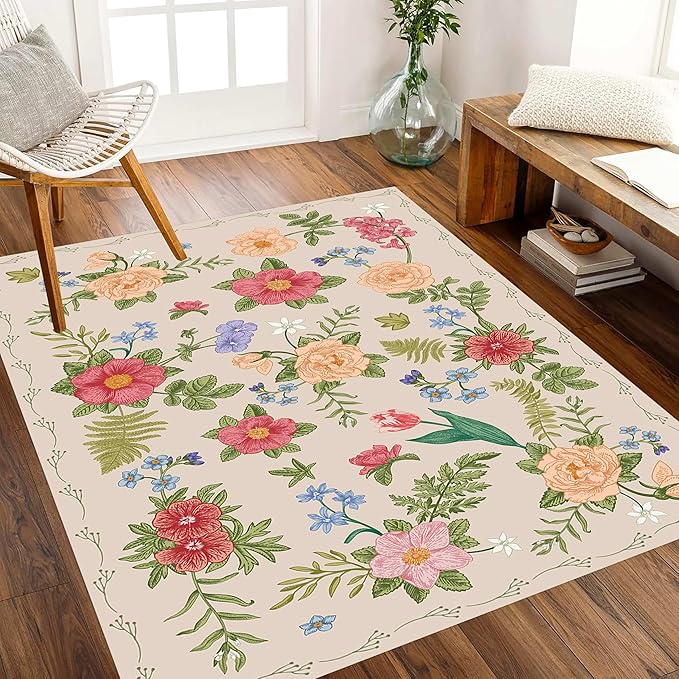 Rustic Flower Area Rug, 4x5ft, Classic Colorful Bohemian Floral Pattern with Beige Large Hall Botanical Rug, Non Slip No Crease Easy Care Girls Room Decor Carpet for Relax Room Bedroom