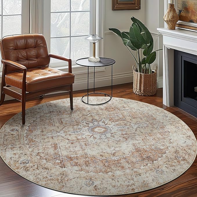 jinchan Kelda Round Rug 8ft Washable Area Rug Indoor Vintage Bedroom Floor Cover Distressed Circle Mat 8' Round Lightweight Non Slip Low Pile Thin Farmhouse Carpet for Living Room Brick Red