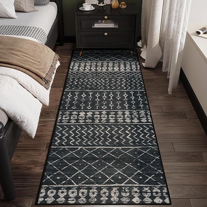 2x8 Machine Washable Runner Rug, Kitchen Hallway Area Rug, Black Vintage Moroccan Rug Ultra Non-Slip Low Pile Soft Faux Wool Carpet, Kids and Pets Friendly for Bedroom Entryway Bedside Decor Rug