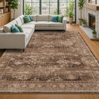 Brown Rug for Living Room 10x14 - Extra Large Vintage Western Unique Neutral Taupe, Washable Low Pile Non-Slip Soft Thin Area Rug for Dining Under Table, Bedroom Under Bed, Home Office