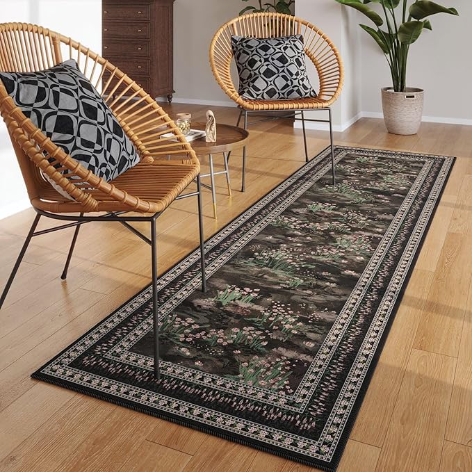 Rugcomf 2x6 Runner Rug Impressionist-Style Vintage Kitchen Rugs Non Slip Washable Soft Carpet Runner for Kitchen Laundry Bedroom Bathroom, Black
