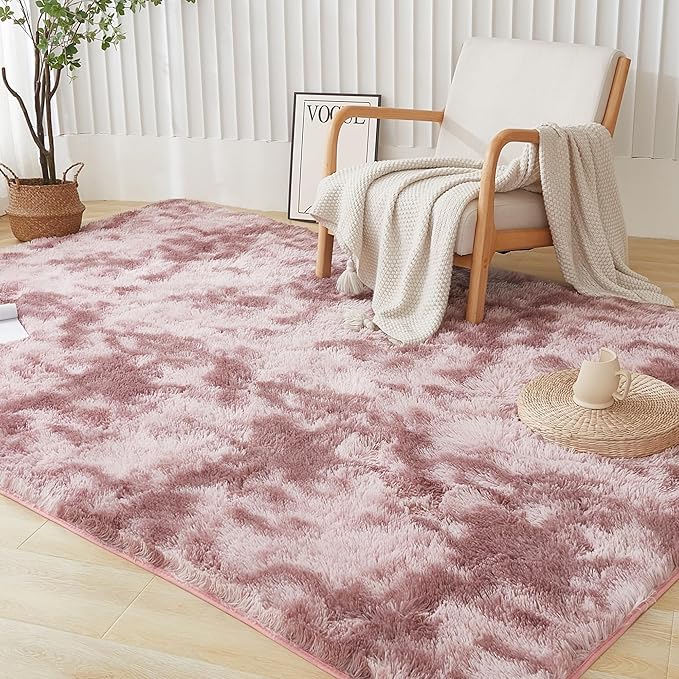 Andency 8x10 Area Rugs for Living Room, Non-Slip Fluffy Soft Large Shag Bedroom Carpet, Tie-Dyed Dusty Pink Big Indoor Thick Nursery Rug for Kids Dorm Home Decor Aesthetic