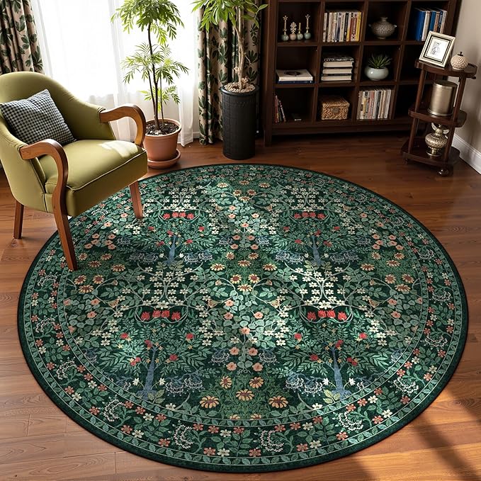 6' Round Area Rug - Floral Vintage Forest Washable Low Pile Non-Slip Carpet for Living Room, Bedroom, Dining Room, Office (Dark Green)