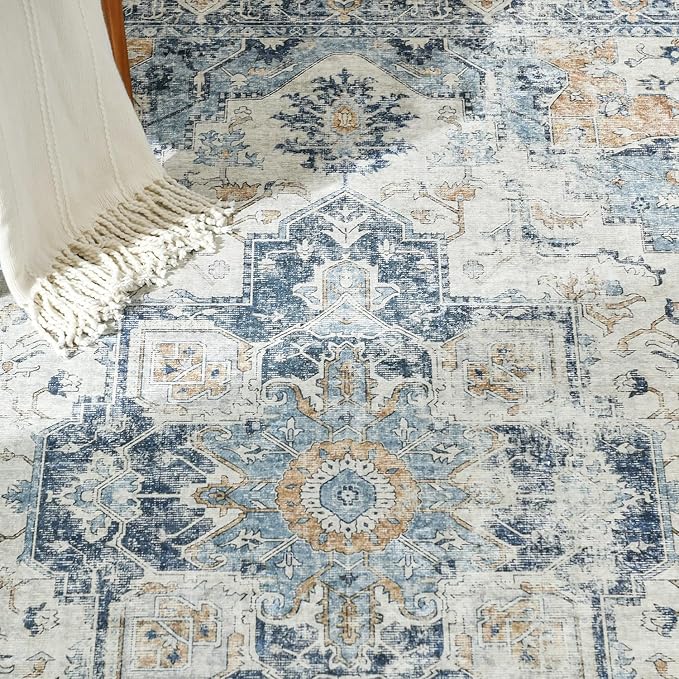 jinchan Kelda Runner Rug 3x8 Vintage Hallway Rug Kitchen Washable Runner Retro Floor Cover Lightweight Non-Slip Low Pile Thin Distressed Carpet for Entryway Bathroom Laundry Room Bedroom Stairway Blue