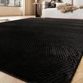 Area Rug for Living Room - 3x5 Soft Faux Rabbit Fur Modern Geometric Wave Carpet for Bedroom, Black