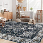 Area Rug 6x9 Washable Rug, Vintage Boho Medallion Rugs Non-Slip Soft Low Pile Large Distressed Rug Indoor Retro Carpet for Living Room Bedroom Dining Room Home Office (Vintage Black, 6'x9')