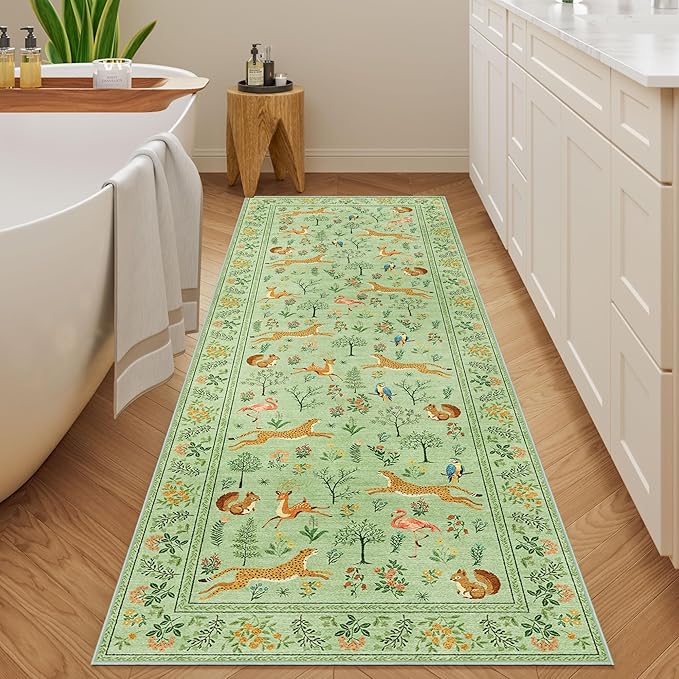 DUKINO 2x6 Rug for Hallway, Washable Kitchen Runner Rug with Non Slip Backing, Soft Low Pile Vintage Animal Runner for Bedroom, Kitchen, Hallway, Entryway, Laundry, Light Green
