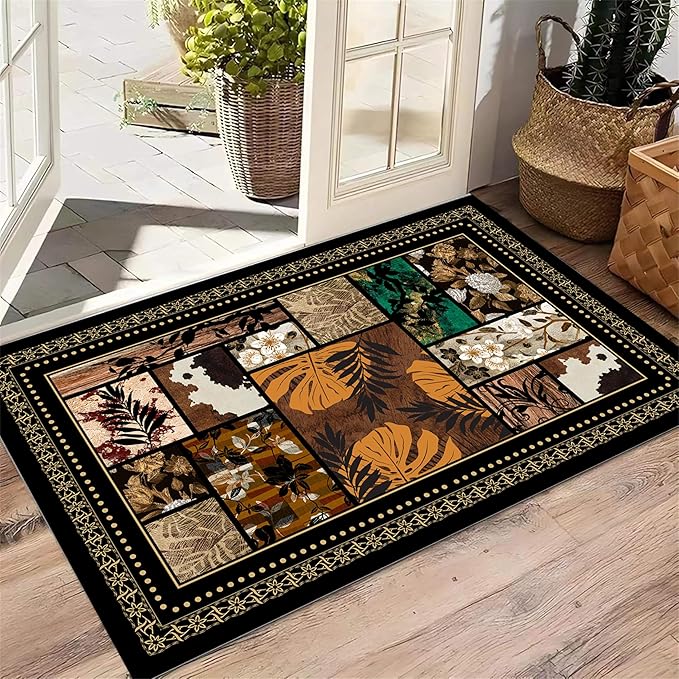 Floral Tropical Patchwork Area Rug 8x10ft, Vintage Black & Brown Country Carpet, Low Pile Non-Slip Mat for Cozy Bedroom, Dining Room, Farmhouse Decor