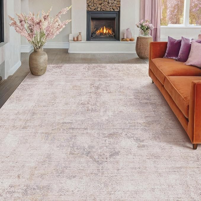 Modern Pink and Grey Rugs for Bedroom Girls - Abstract 6x9 Area Rug for Living Room, Dining Room Under Table, Thin & Soft Washable, Print Distressed Medallion Pattern