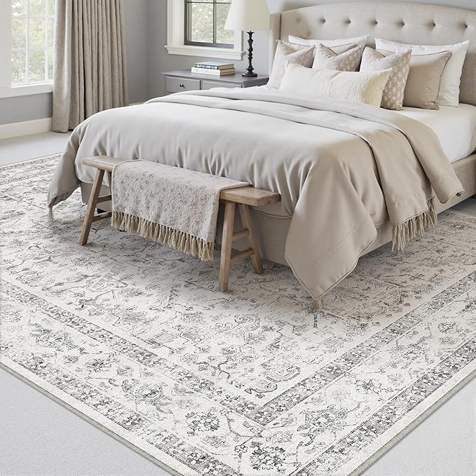 Grey 9x12 Area Rug Vintage Washable Living Room Carpet Non Slip Neutral Bedroom Indoor Office Low Pile Large Traditional Distressed Retro Gray Accent Rug for Dining Room Bathroom Kitchen