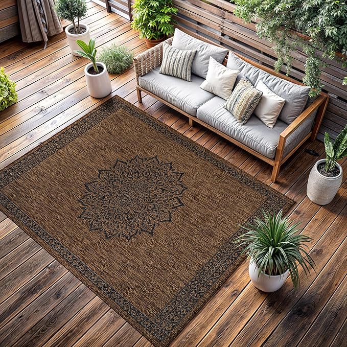 CAMILSON Outdoor Rug 10x14 Medallion Gold Modern Large Area Rugs for Indoor and Outdoor Patios Kitchen and Hallway Mats Washable Porch Deck Outside Carpet (Medallion Gold 10 x 14)