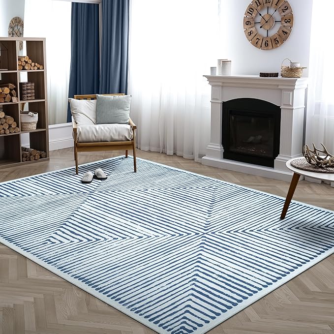 Bloom Rugs Washable Non-Slip 9' x 12' Rug - Blue/Ivory Striped Area Rug for Living Room, Bedroom, Dining Room, and Kitchen - Exact Size: 9' x 12'
