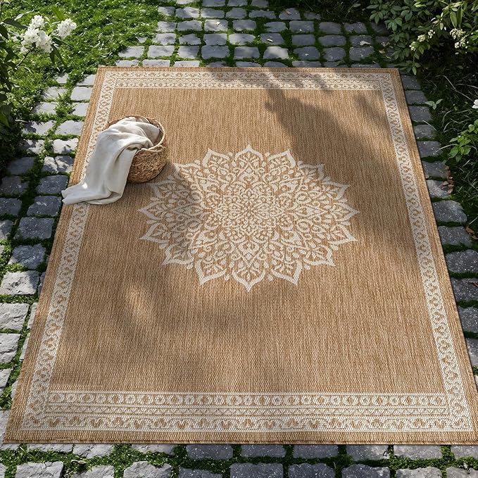 CAMILSON Outdoor Rug 10x14 Medallion Natural Modern Large Area Rugs for Indoor and Outdoor Patios Kitchen and Hallway Mats Washable Porch Deck Outside Carpet (Medallion Natural 10 x 14)