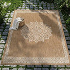 CAMILSON Outdoor Rug 10x14 Medallion Natural Modern Large Area Rugs for Indoor and Outdoor Patios Kitchen and Hallway Mats Washable Porch Deck Outside Carpet (Medallion Natural 10 x 14)