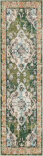 SAFAVIEH Monaco Collection Runner Rug - 2'2" x 10', Forest Green & Light Blue, Medallion Distressed Design, Non-Shedding & Easy Care, Ideal for High Traffic Areas in Living Room, Bedroom (MNC243F)
