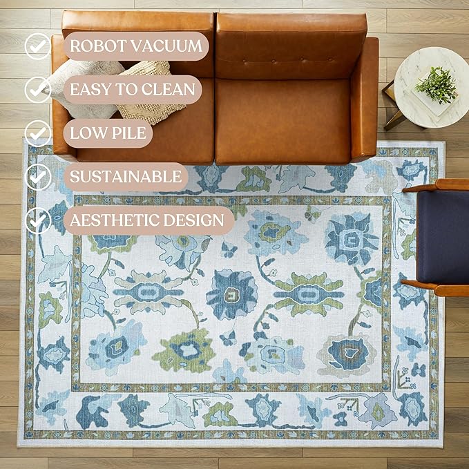 Fame Living Green Oushak Rug, Vintage Turkish Eclectic Floral Pastel Large Oversized Area Rugs for Living Room Dining Bedroom Kitchen Bathroom (55 CGRN, 2'5'' x 6'6)
