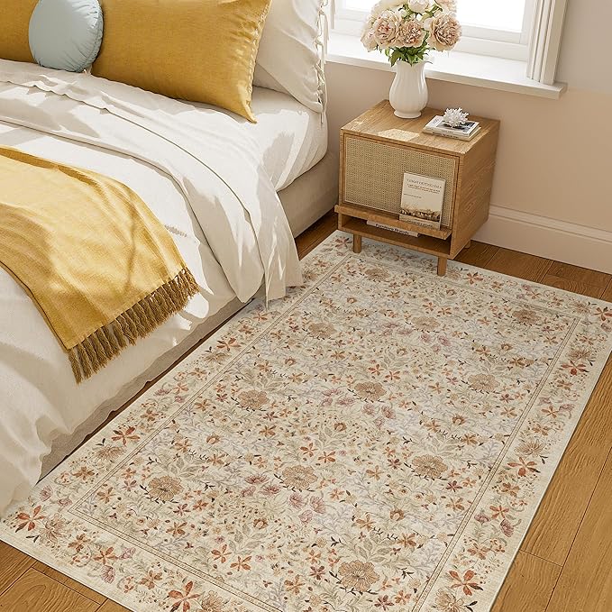 DUKINO 4x6 Rugs for Living Room, Lightweight Non Slip Washable Rug with Low Pile Design, Vintage Floral Non-Shedding Soft Carpet for Living Room, Bedroom, Farmhouse, Office, Bathroom, Beige