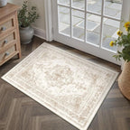 Area Rug 2x3 Cream Washable Entryway Vintage Medallion Beige Carpet Non Slip Low Pile Soft Doormat Distressed Retro Indoor Small Rug for Kitchen Bedroom Laundry Bathroom