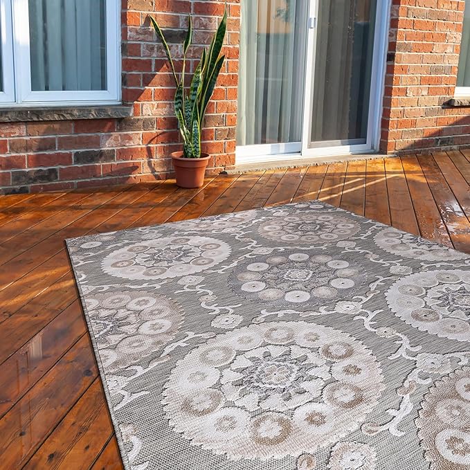 CAMILSON Indoor Outdoor Rug 6x9 Bohemian Medallion Floral Area Rugs for Indoor and Outdoor Patios Easy-Cleaning Non-Shedding Living Room Garden and Kitchen Washable Outside Carpet (6 x 9 / Beige)