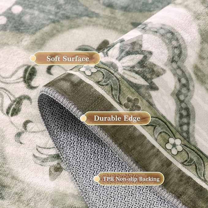 EnHomee Area Rugs 5x7, Soft Washable Rugs for Living Room Bedroom, Boho Non Slip Low Pile Stain Resistant Washable Rug Large Carpet for Dining Room,Easy to Clean Living Room Rug, Green