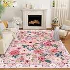 DUKINO 6x9 Area Rug, Floral Rugs for Living Room, Lightweight Non Slip Washable Rug, Indoor Low Pile & Non-Shedding Boho Design Rugs for Bedroom, Living Room, Dining Room, Pink