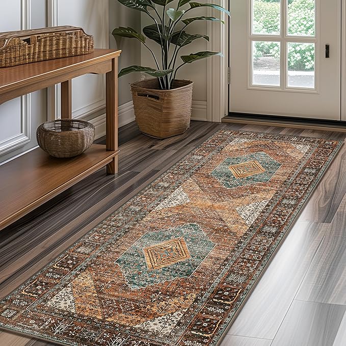 Bavni Runner Rug 2x10 Kitchen Rugs for Hallways Entryway, Washable Print Carpet, Low Pile Lightweight Rug with Non Slip Backing, Vintage Brown/Blue