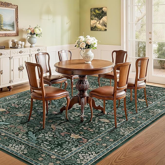 6x9 Floral Washable Area Rug for Living Room, Vintage Boho Rugs for Bedroom Dining Room, Botanical Birds Non Slip Low Pile Forest Throw Carpet for Farmhouse Office, Retro Green/Blue