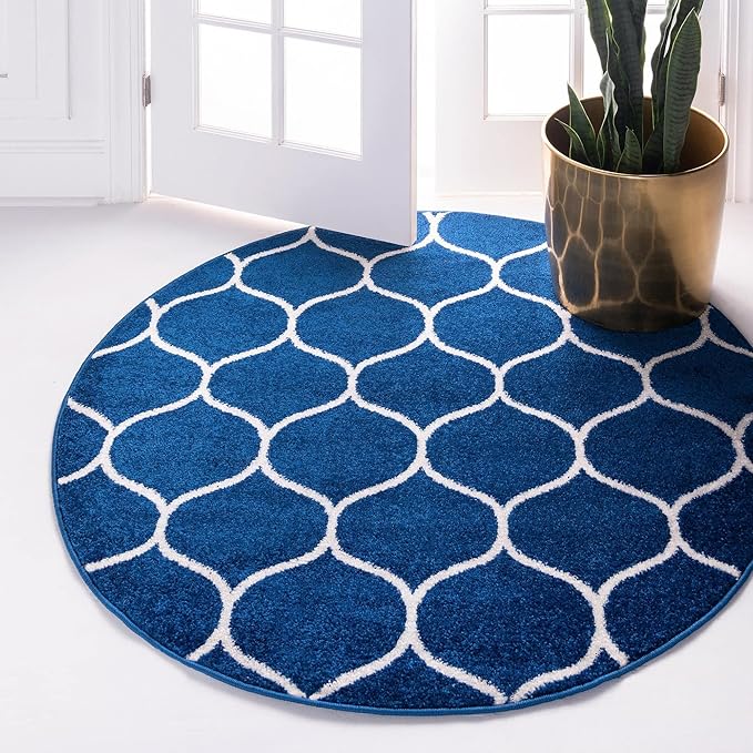 Rugs.com Lattice Frieze Collection Rug – 8' Round Navy Blue Medium Rug Perfect for Kitchens, Dining Rooms