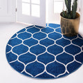 Rugs.com Lattice Frieze Collection Rug – 7' Round Navy Blue Medium Rug Perfect for Kitchens, Dining Rooms