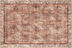Phantoscope Washable Area Rug 4'x6' Non-Slip, Vintage Neutral Xmas Rugs for Living Room, Bedroom, Dining Room, Distressed Boho Floral Medallion Pattern, Low-Pile Foldable Floor Carpet, Brick Red/Black