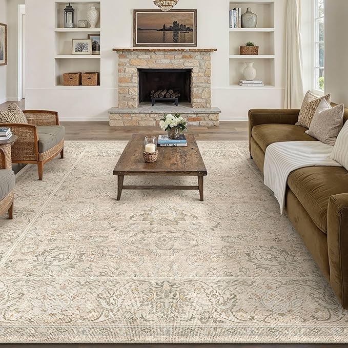 HUGEAR 9x12 Machine Washable Area Rugs Vintage Beige - Neutral Living Room Bedroom Rug Non Slip Stain Resistant Low Pile Aesthetic Throw Carpet Kids & Pet Friendly