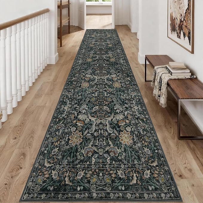 Washable Runner Rug 2x12: Vintage Boho Floral Carpet Runners for Hallway Entryway Non-Slip - Soft Botanical Low Pile Thin Mat for Kitchen Bathroom Bedroom Laundry Floor Decor - Dark Green