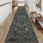 Washable Runner Rug 2x10: Vintage Boho Floral Carpet Runners for Hallway Entryway Non-Slip - Soft Botanical Low Pile Thin Mat for Kitchen Bathroom Bedroom Laundry Floor Decor - Dark Green