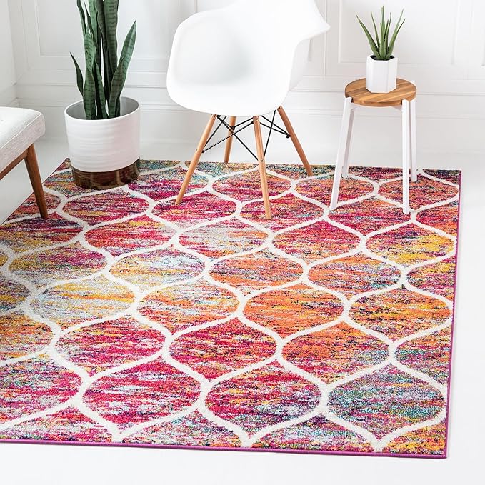 Rugs.com Lattice Frieze Collection Rug – 3' Square Multi Medium Rug Perfect for Living Rooms, Kitchens, Entryways