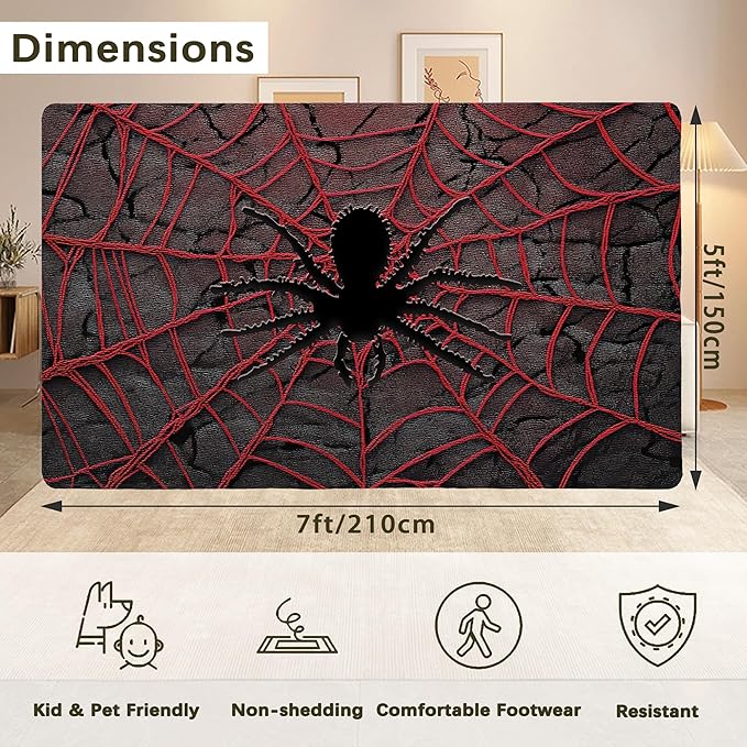 Red Spider Cool Washable Living Room Area Rug, Low Profile Abstract Pattern, Non-Slip Backing Carpet for Kitchen, Bedroom, Dining Room